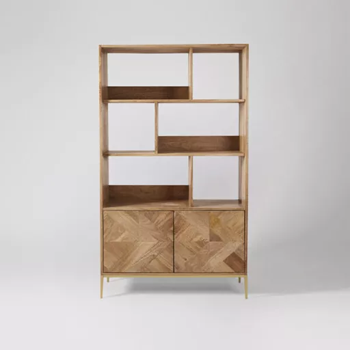 Norrebro contemporary shelving unit in natural oak-stained mango wood & brass