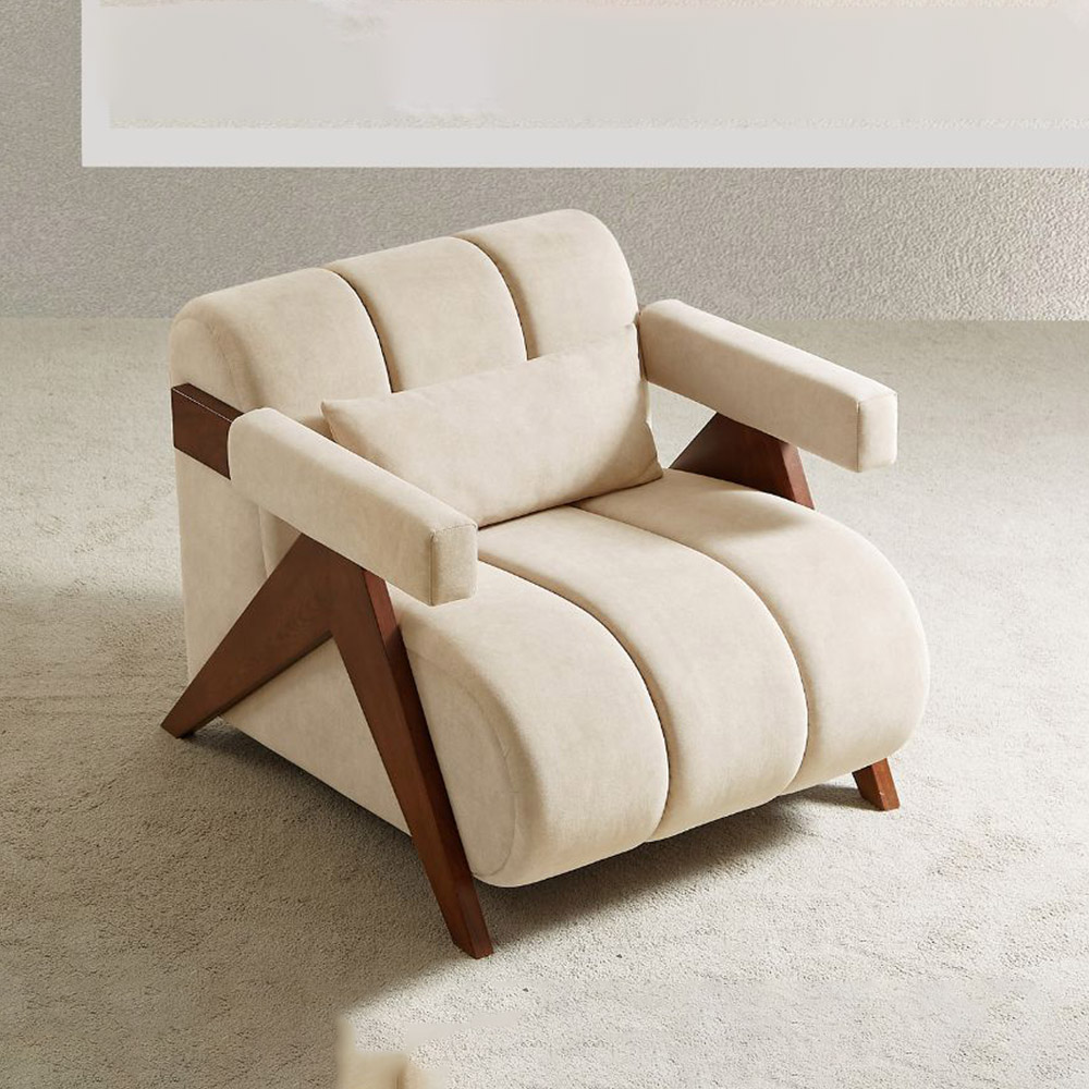 A wooden-framed chair featuring a soft beige cushion, designed for comfort and style in any setting